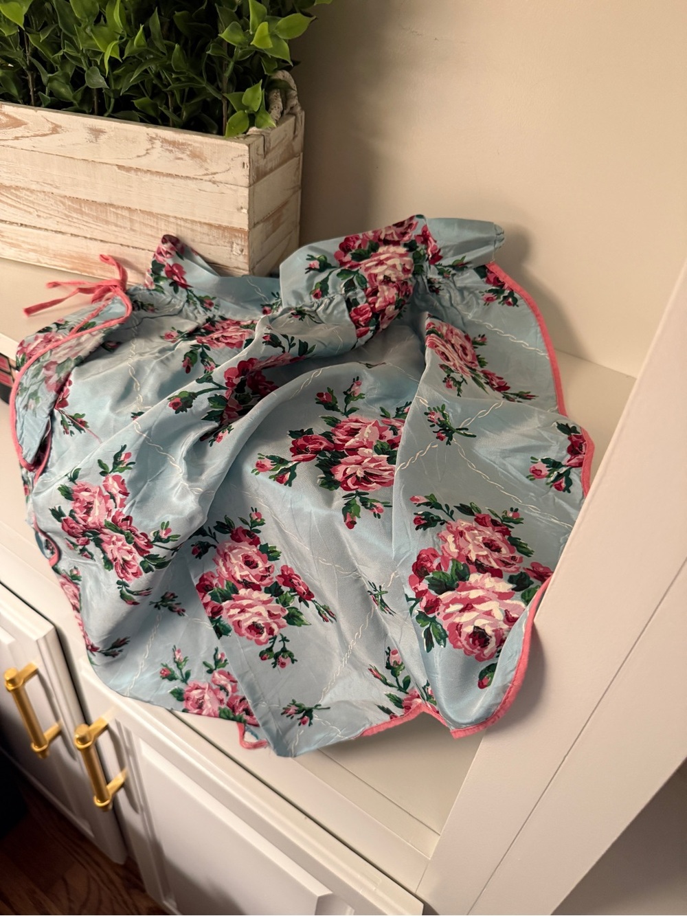 Vtg. Blue Pink Rose Half Apron Cottagecore Floral Pocket Retro Kitchen Hostes